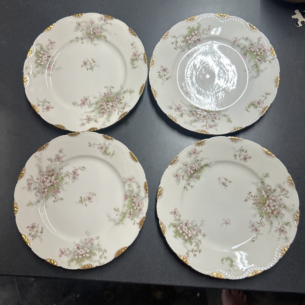 Antique Haviland & Co. Limoges Pink Green Flowers Set Of 4 Luncheon Plates